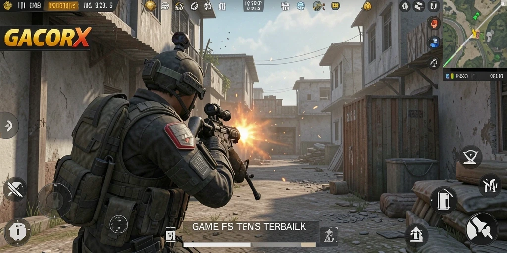 Screenshot gameplay GACORX dengan aksi tembak-menembak yang intens.