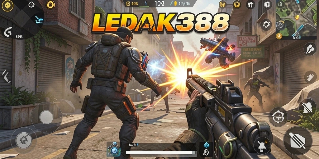 Gameplay LEDAK388 menunjukkan aksi tembak-menembak yang intens.