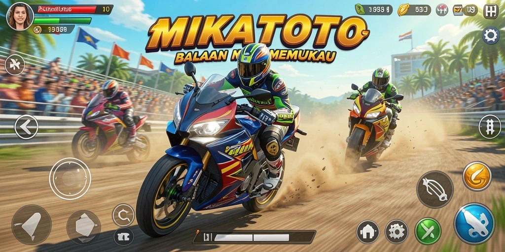 Tampilan gameplay MIKATOTO dengan aksi balapan motor yang mendebarkan.