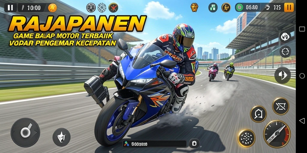 Tampilan gameplay RAJAPANEN dengan motor balap yang cepat dan menantang.