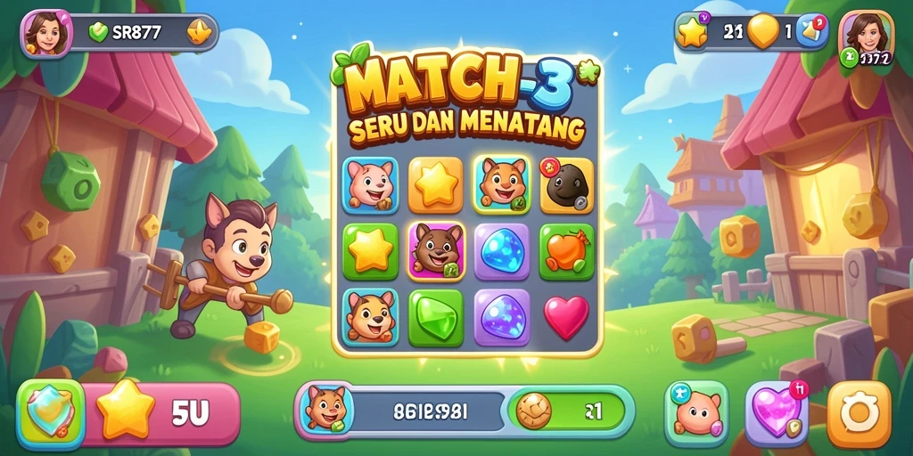 Screenshot gameplay SR877 dengan elemen Match-3 yang berwarna-warni.